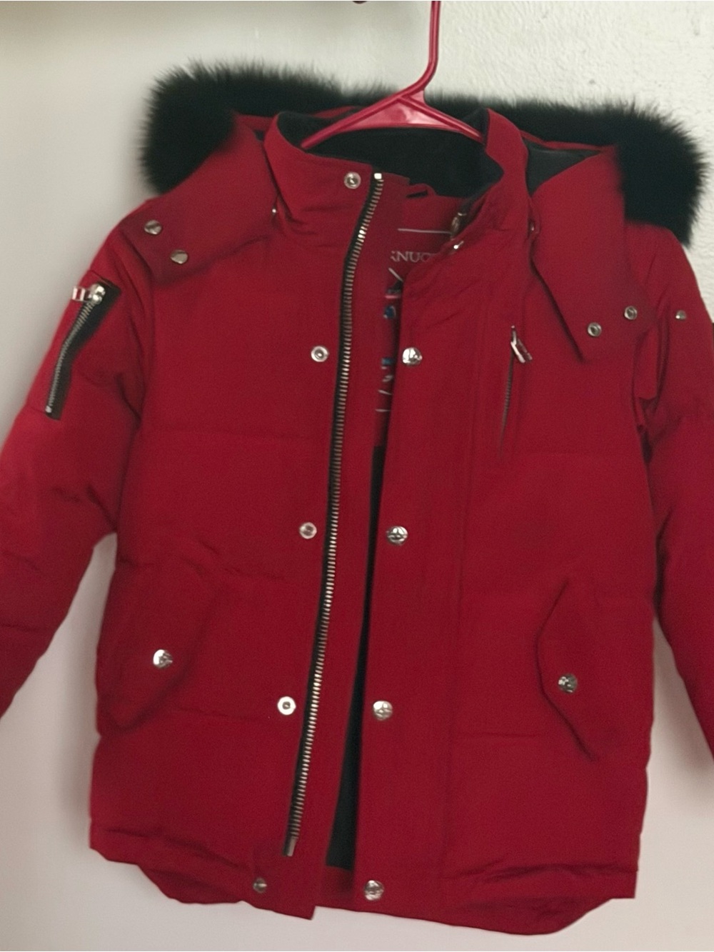 Moose Knuckles Kids Red Puffer Jacket with Black Faux Fur Hood Trim
